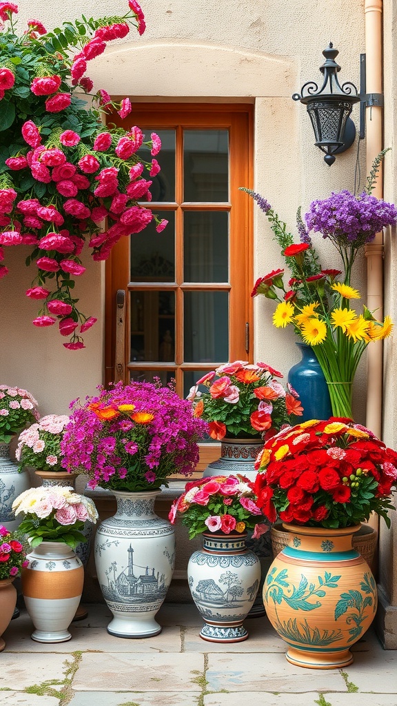 Colorful artisan pottery with flowers on a French patio.
