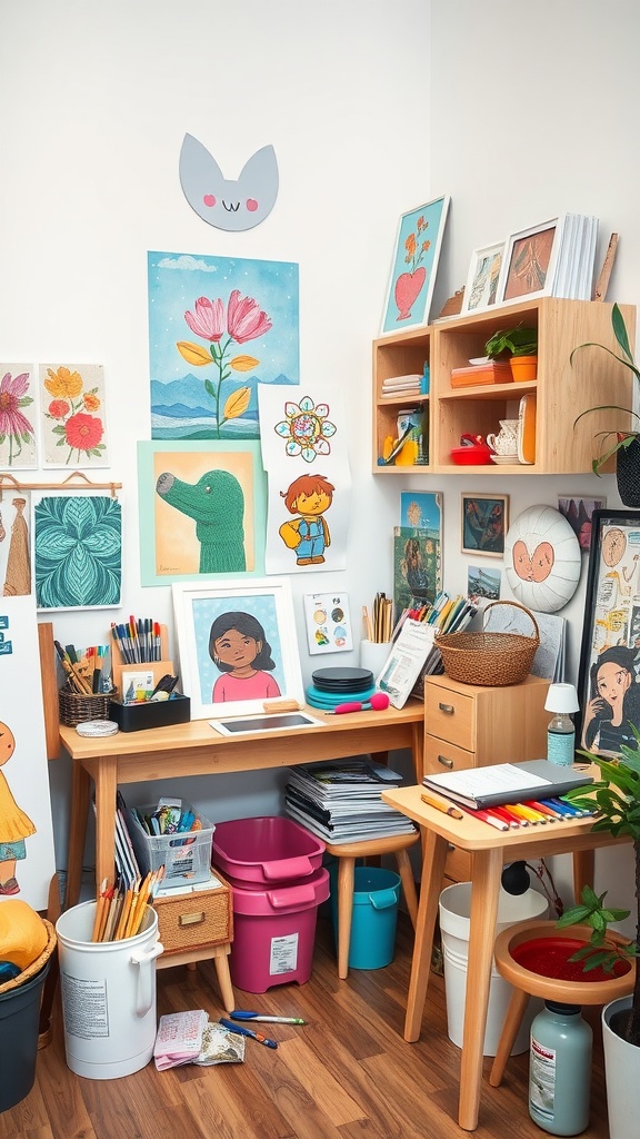 A cozy corner filled with art supplies and colorful artwork on the walls.