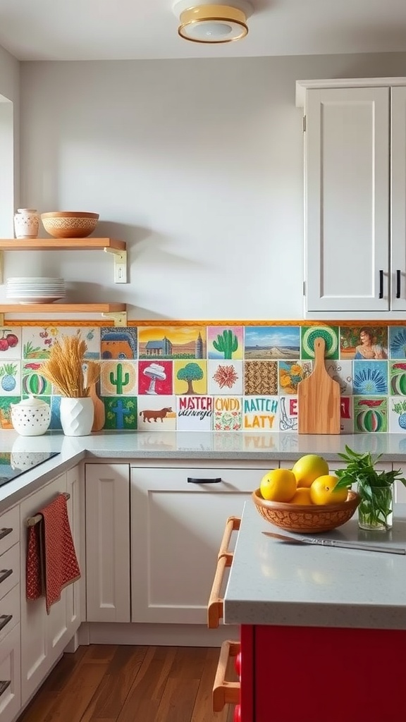 A kitchen featuring colorful hand-painted tiles as a backsplash, with white cabinets and wooden accents.