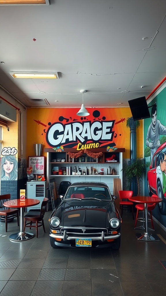 A vibrant garage lounge featuring a large mural with 'GARAGE' written in bold letters and a vintage car.