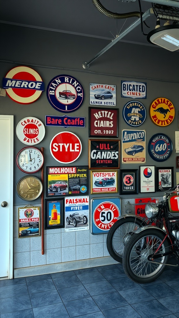 A wall adorned with various vintage automotive signs and a classic motorcycle.