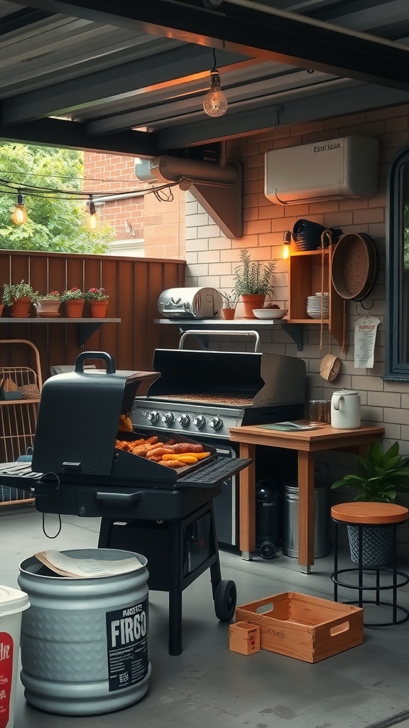 A stylish barbecue station in a garage, featuring a grill, plants, and cozy lighting.