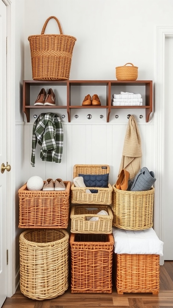 A well-organized mudroom featuring woven baskets for storage, hooks, and shelves.