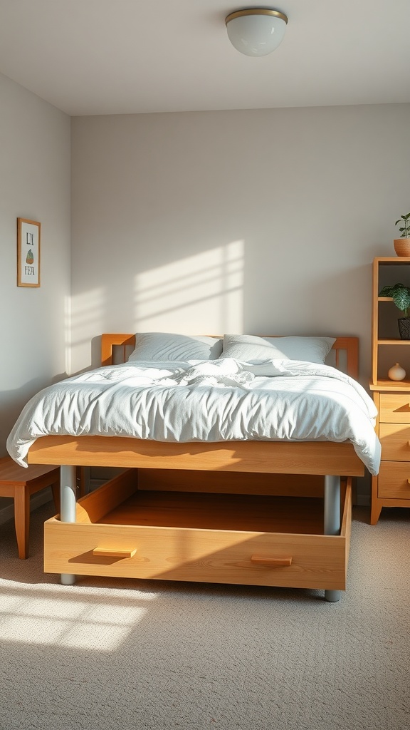 A bed elevated on risers with storage drawers underneath in a well-lit dorm room.