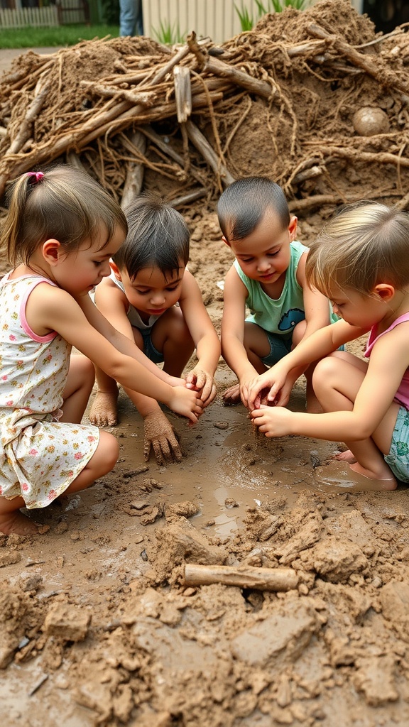 A group of four children playing in mud, engaged in creative activities with smiles on their faces.