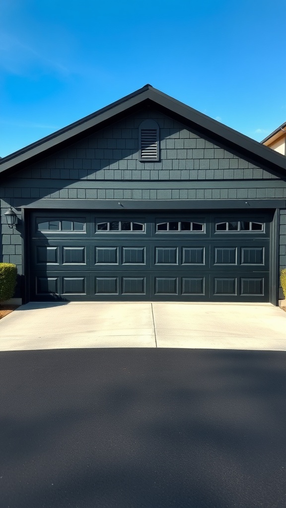 Black garage door with custom paint finish, showcasing a modern design.