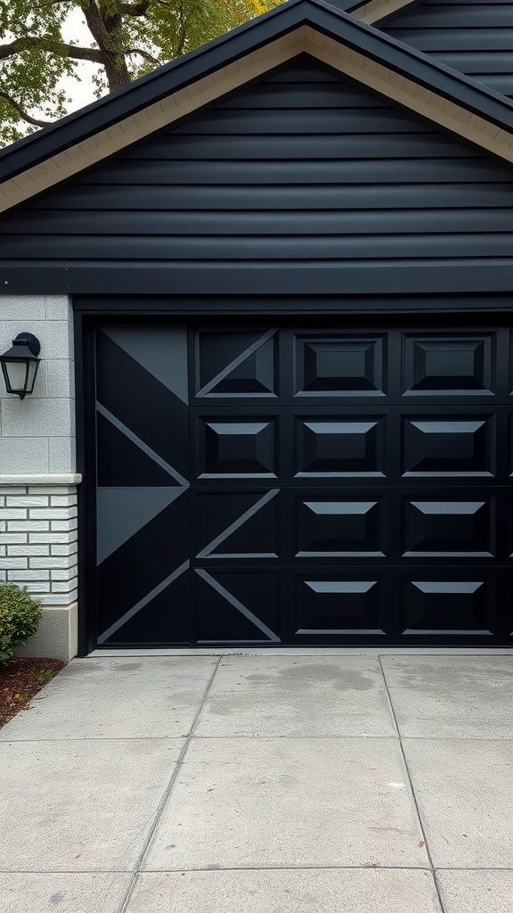 Black garage door with geometric patterns and a modern design.