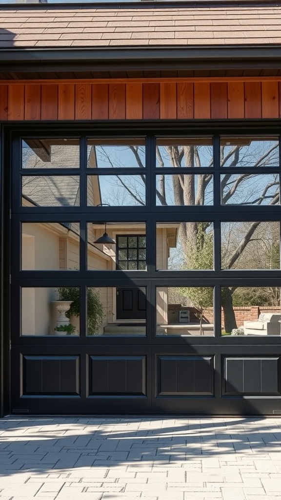 A modern black garage door with glass panels, showcasing a stylish and inviting entryway.