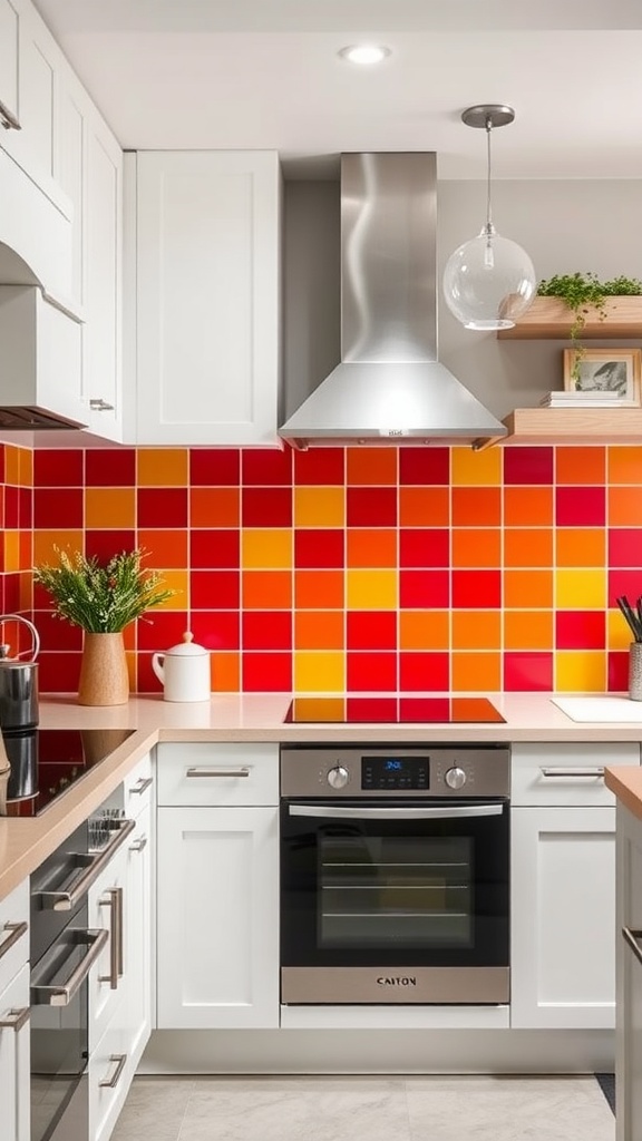Vibrant red and orange tiled backsplash in a modern kitchen with white cabinets.