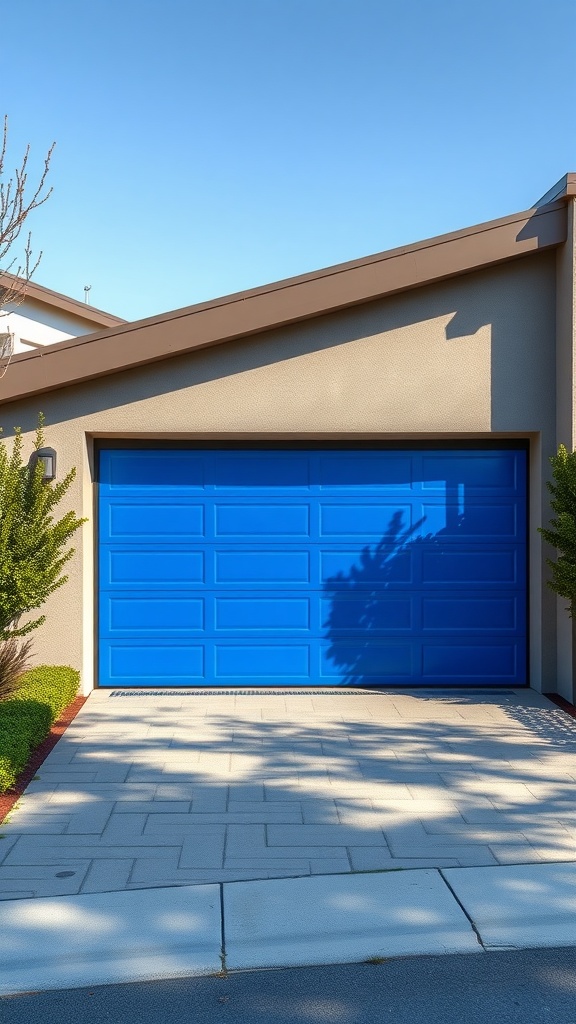 A vibrant blue fiberglass garage door in a modern home setting.