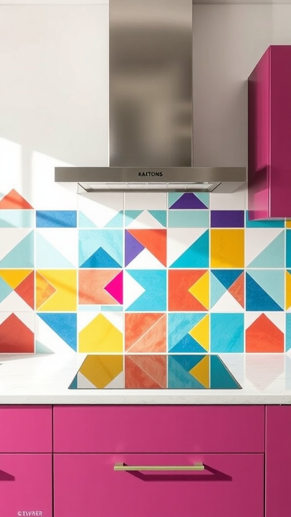 A colorful kitchen backsplash featuring bold geometric patterns with pink cabinetry.