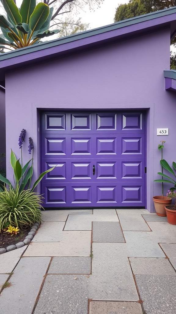A vibrant purple garage door set against a purple house with green plants.