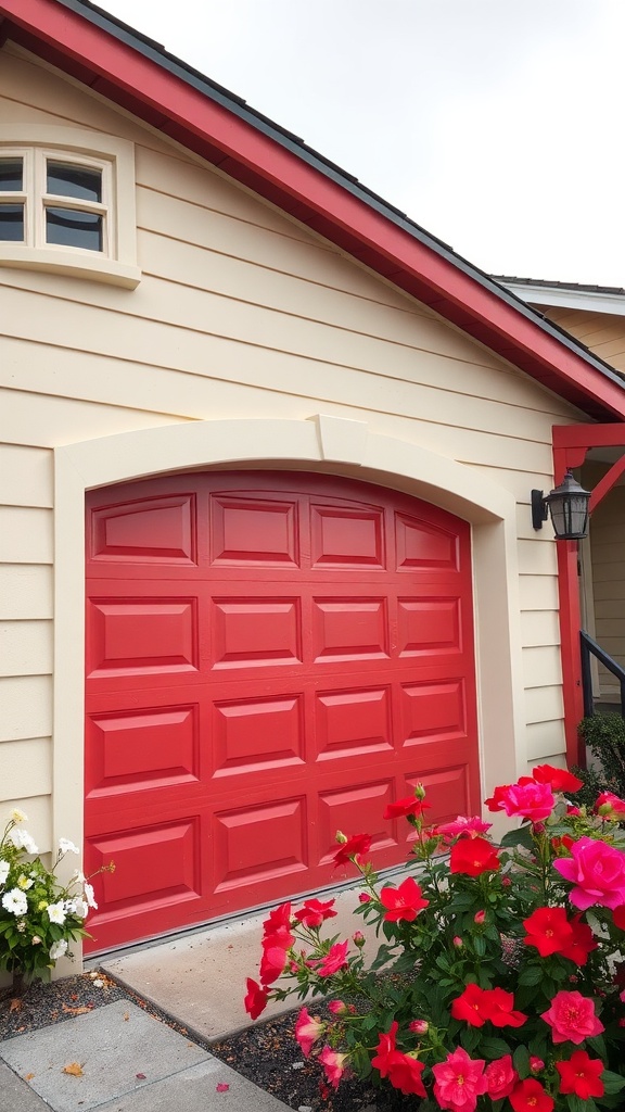 A bold red garage door contrasting with a beige house and surrounded by vibrant red flowers.