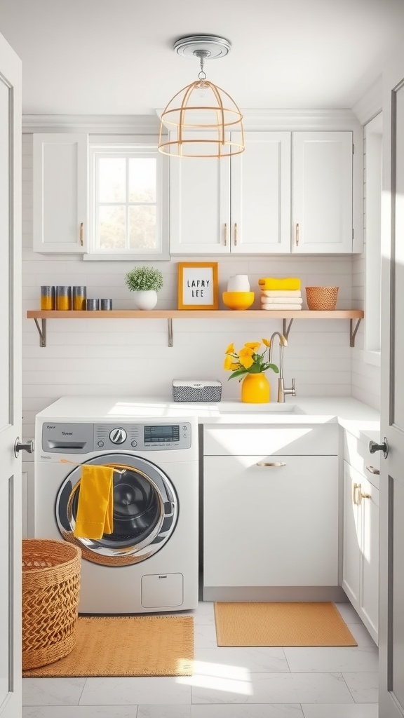 Bright and airy mudroom laundry room with white cabinets, yellow accents, and natural light.