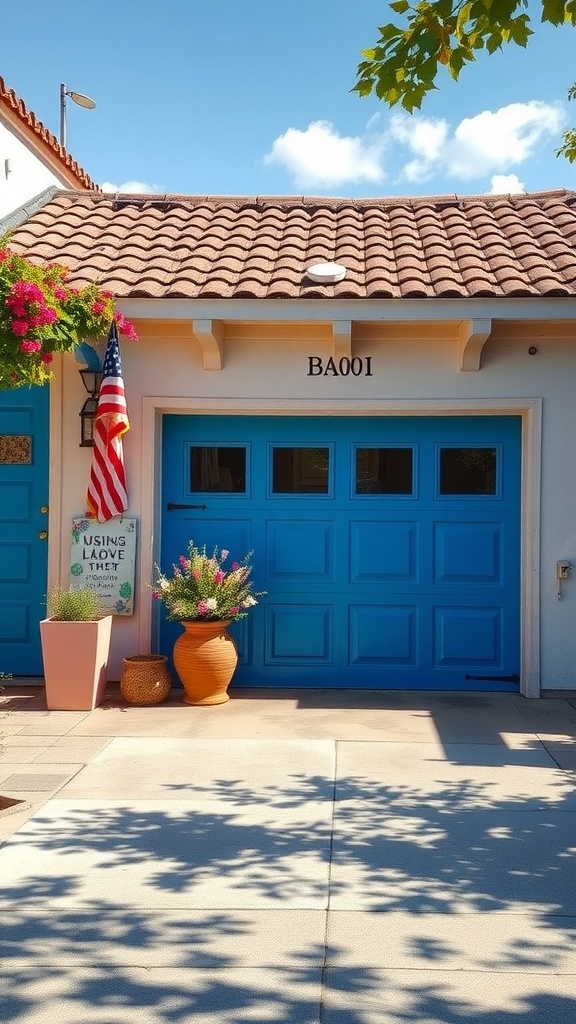 A bright blue garage door with a welcoming vibe, surrounded by vibrant plants