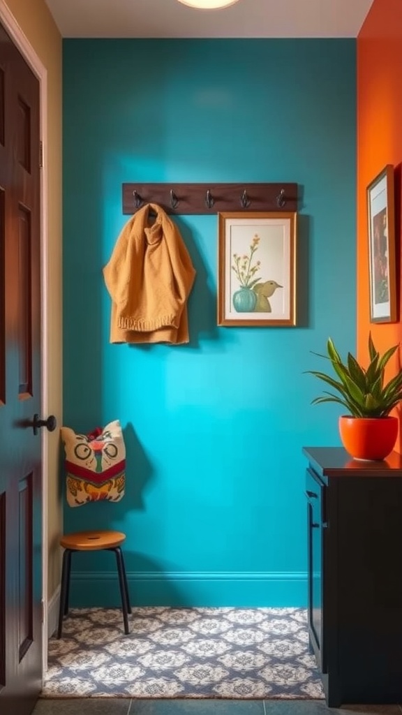 A small mudroom with a turquoise wall, orange accent, and a colorful rug, featuring a coat hook and decorative elements.