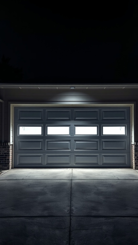 A modern garage door illuminated by bright LED lights at night.