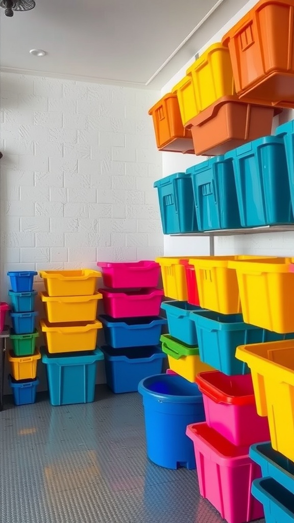 Colorful storage bins stacked and organized in a garage