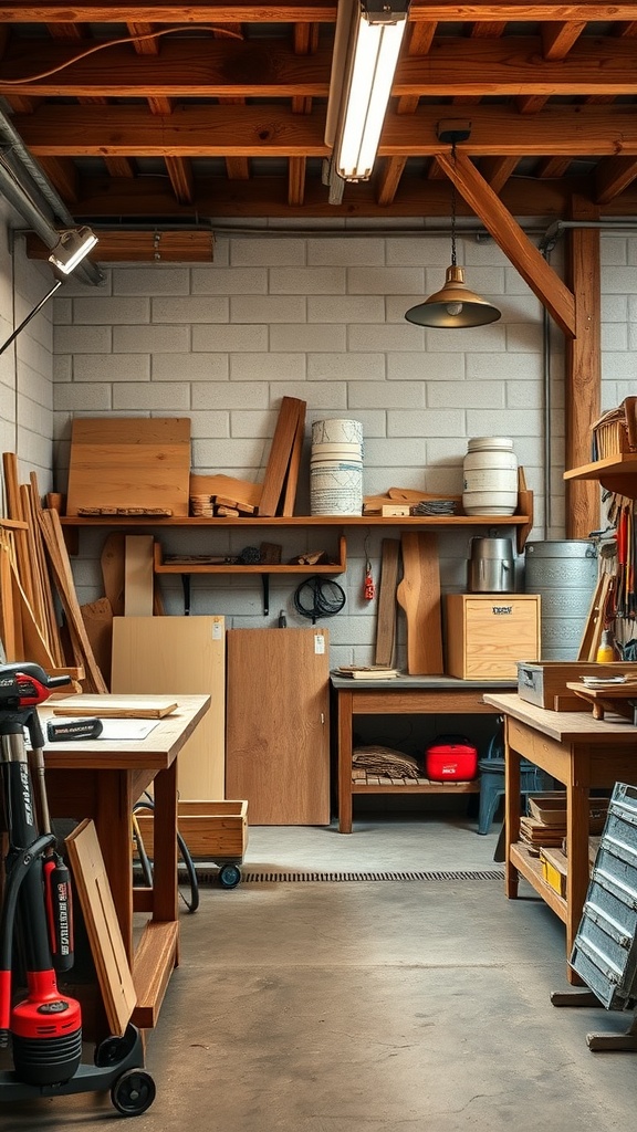 Interior of a rustic workshop with wooden shelves, tools, and a workbench