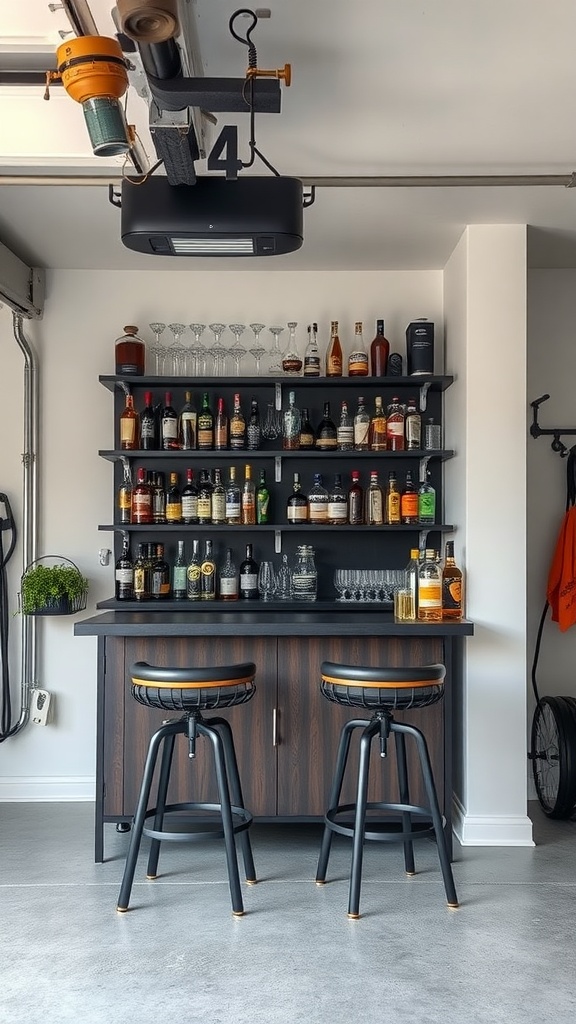 Stylish home bar setup in a garage featuring shelves with various bottles and glassware