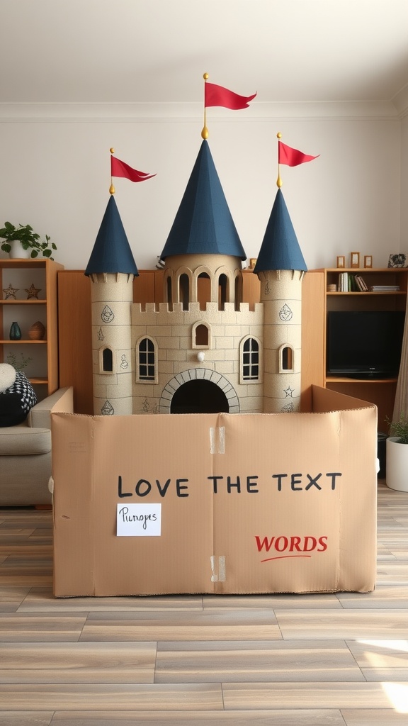 A cardboard castle playhouse with blue towers and red flags, surrounded by a cardboard box.