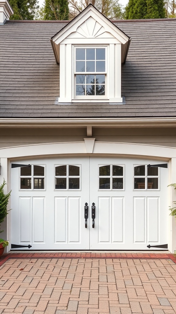 Carriage style garage doors in white with windows and stylish hardware.