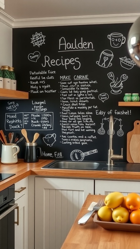 A kitchen with a chalkboard backsplash featuring handwritten recipes, wooden countertops, and fresh lemons.