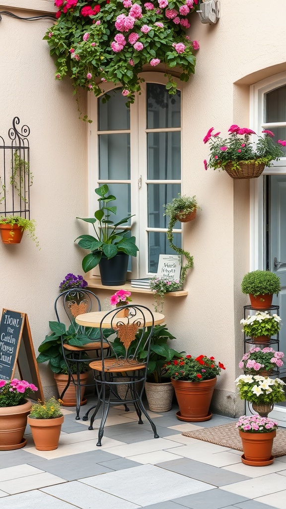 Charming bistro setup with a round table and black chairs surrounded by colorful potted flowers on a patio.