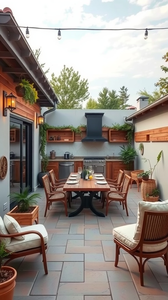 An outdoor kitchen with a wooden dining table and chairs, surrounded by greenery, featuring modern appliances.