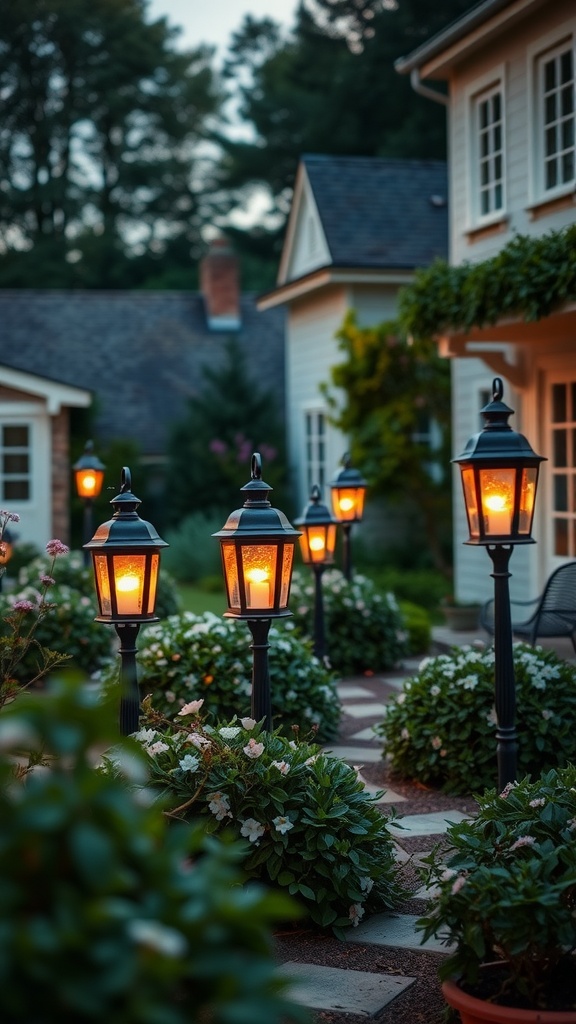Garden lanterns illuminating a pathway surrounded by flowers in a cozy backyard