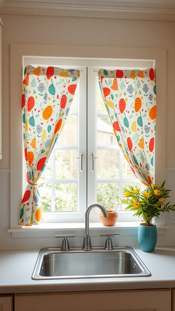 Colorful window curtains with fruit and flower patterns in a bright kitchen