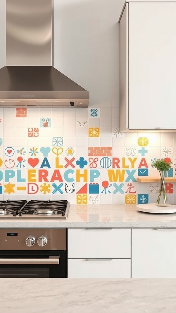 Colorful and playful kitchen backsplash with vibrant tiles and whimsical designs