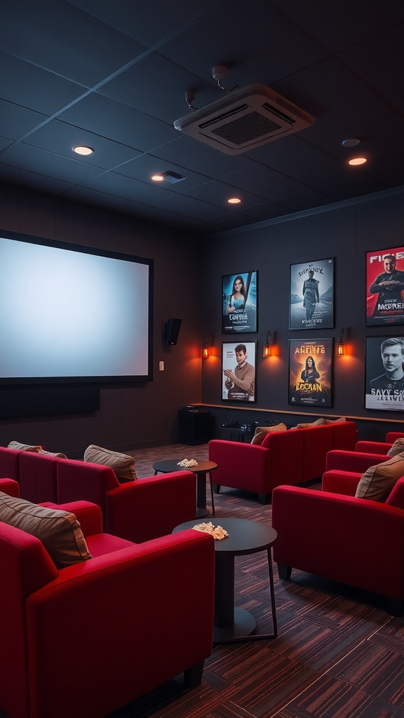 A cozy movie lounge with red chairs, a large screen, and movie posters on the walls.