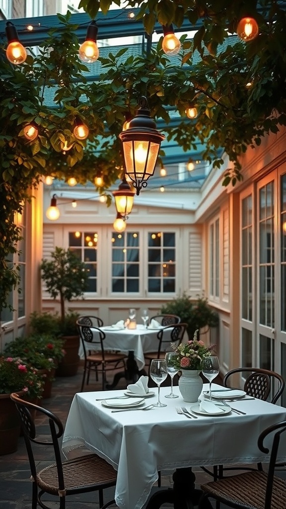 A cozy French patio setting with warm lights and a dining table