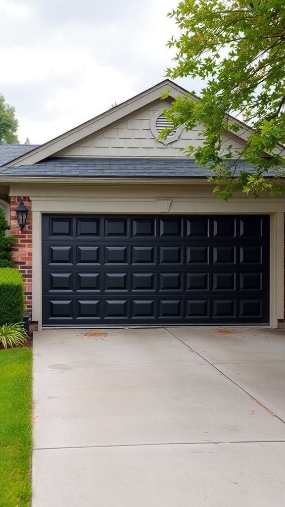 Classic raised panel black garage door on a home