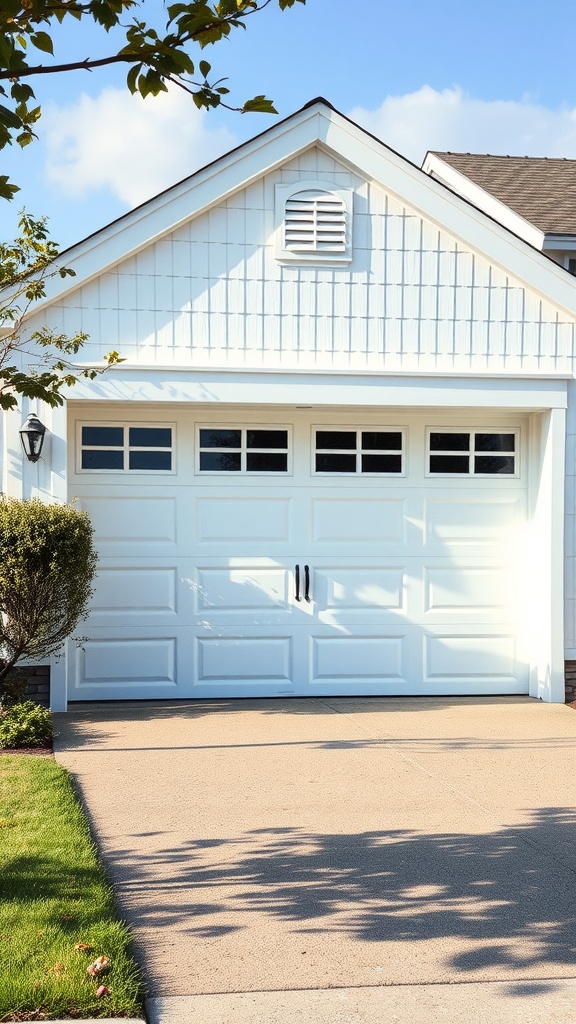 A classic raised panel garage door in white with window accents and black handles, set against a light-colored house and green landscaping.