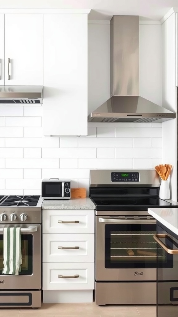 A modern kitchen featuring classic white subway tiles as a backsplash, stainless steel appliances, and sleek white cabinets.