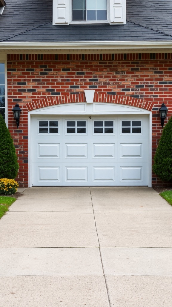 Classic white garage door set against a brick wall with lush greenery and flowers