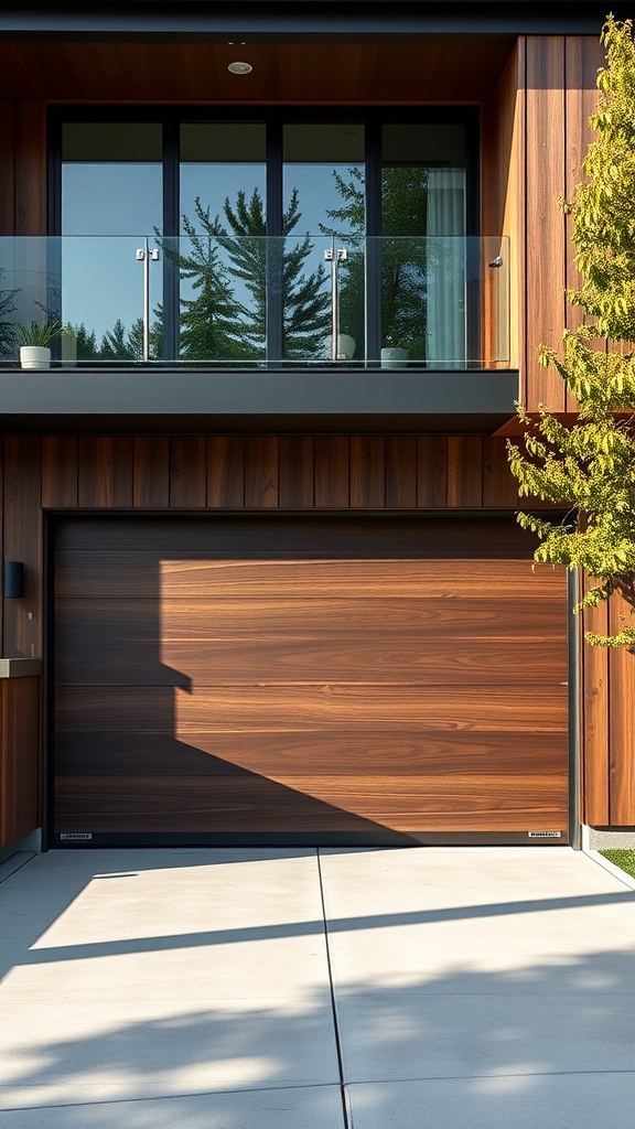 A modern steel garage door designed to resemble wood, enhancing the exterior of a contemporary home.