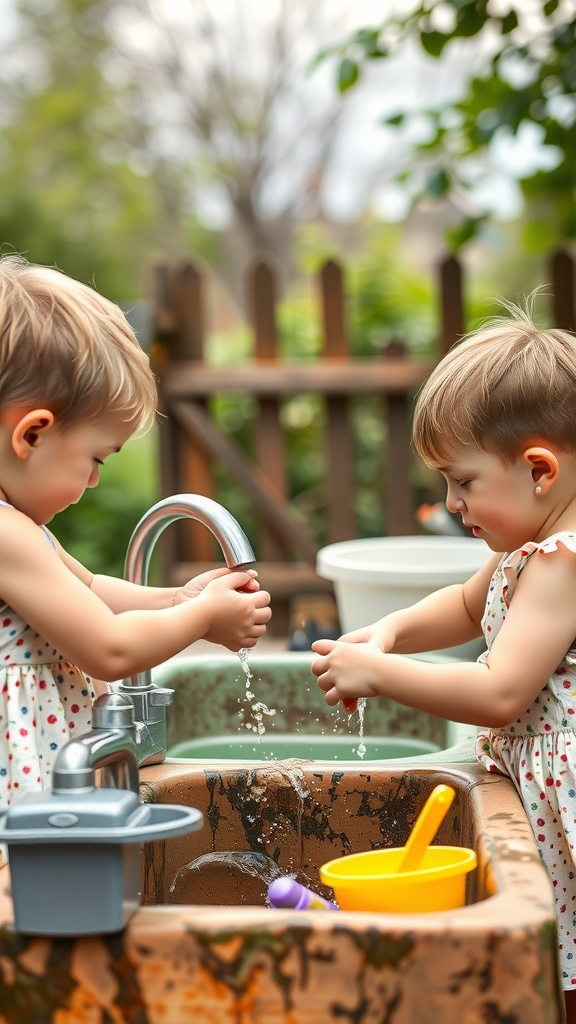Two children washing their hands at a mud kitchen, enjoying splashes of water.