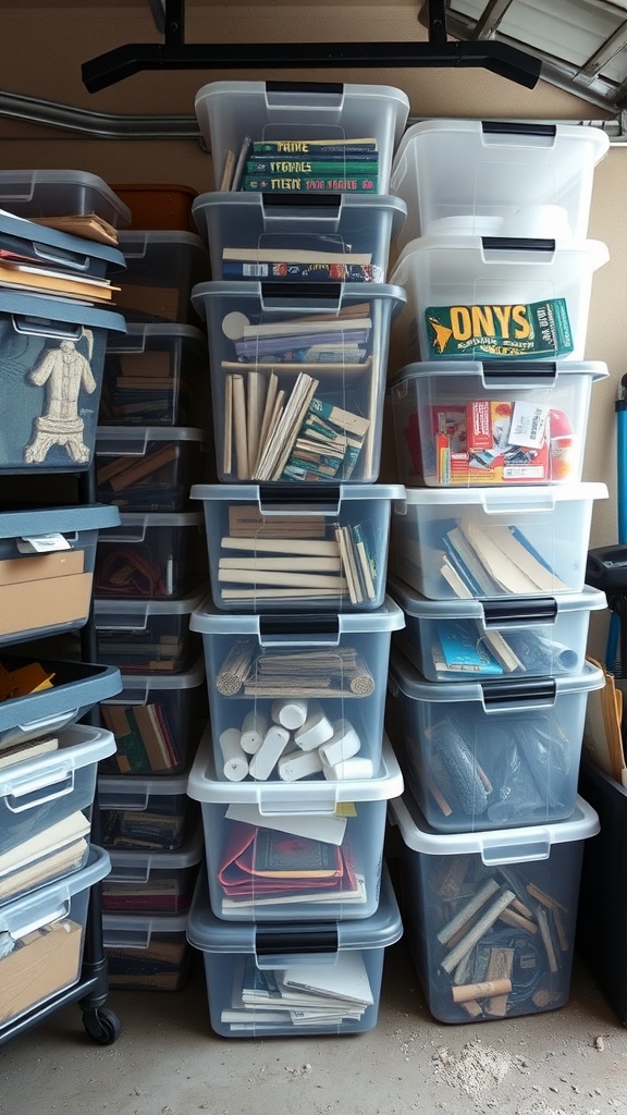 Image showing neatly stacked clear bins in a garage, organized for visibility and dust protection.