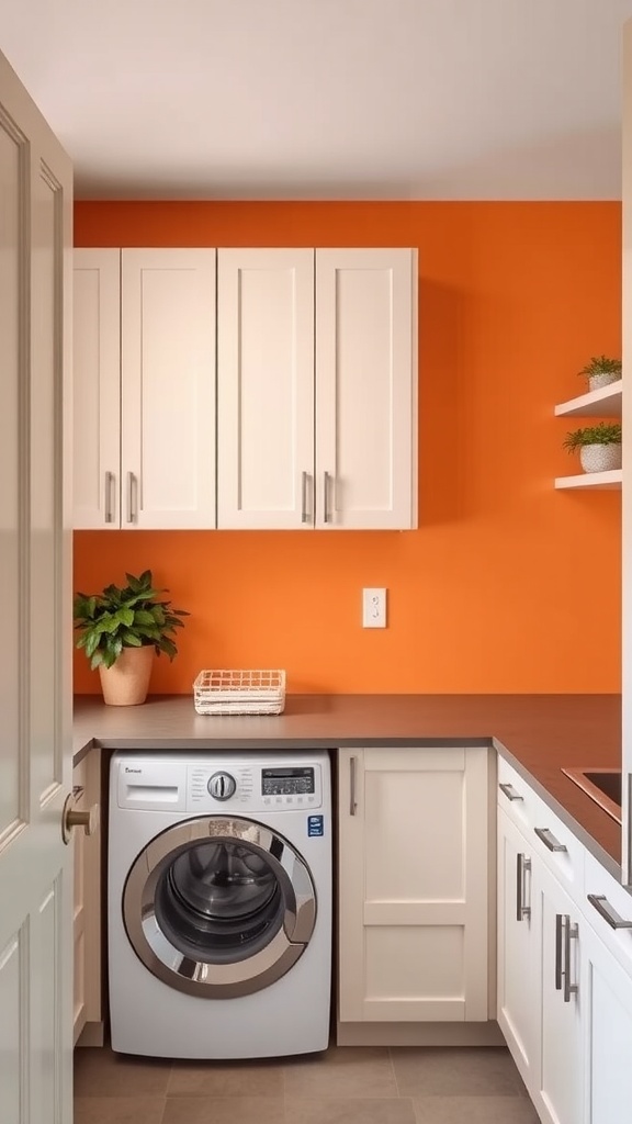 A modern mudroom laundry area featuring a bright orange accent wall, white cabinets, and a washer.