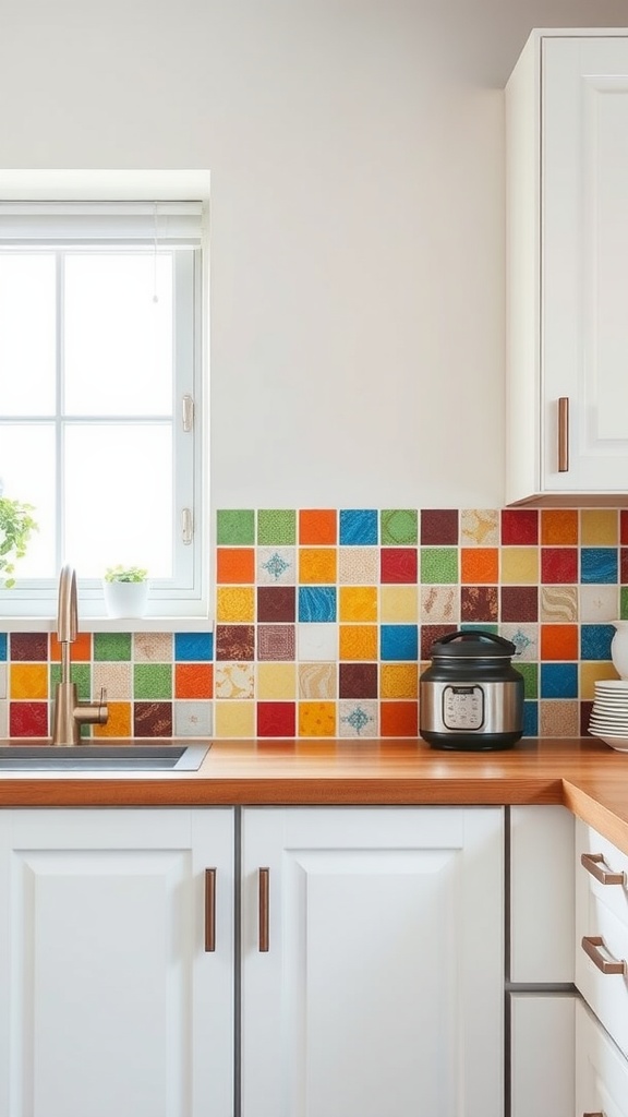 Colorful ceramic tile backsplash in a kitchen