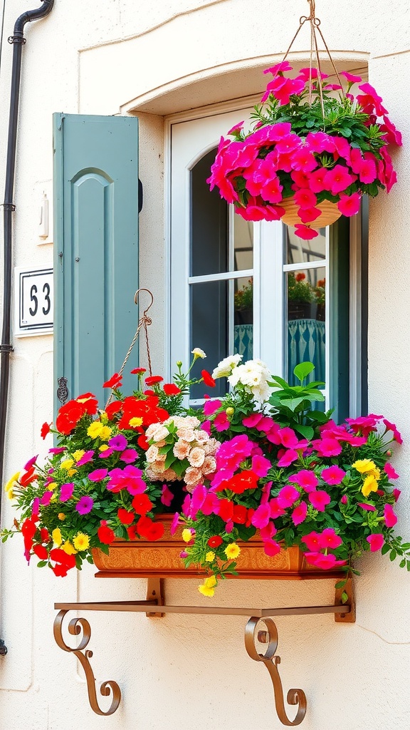 Colorful flower boxes with pink, red, and yellow flowers on a window sill