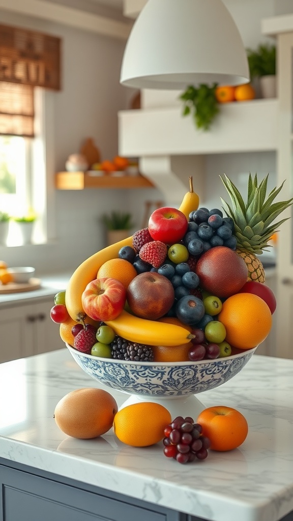 A colorful fruit bowl filled with various fruits including apples, bananas, oranges, and berries.