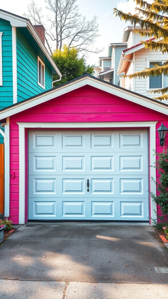 A vibrant pink garage door with a white frame, set against a teal house.