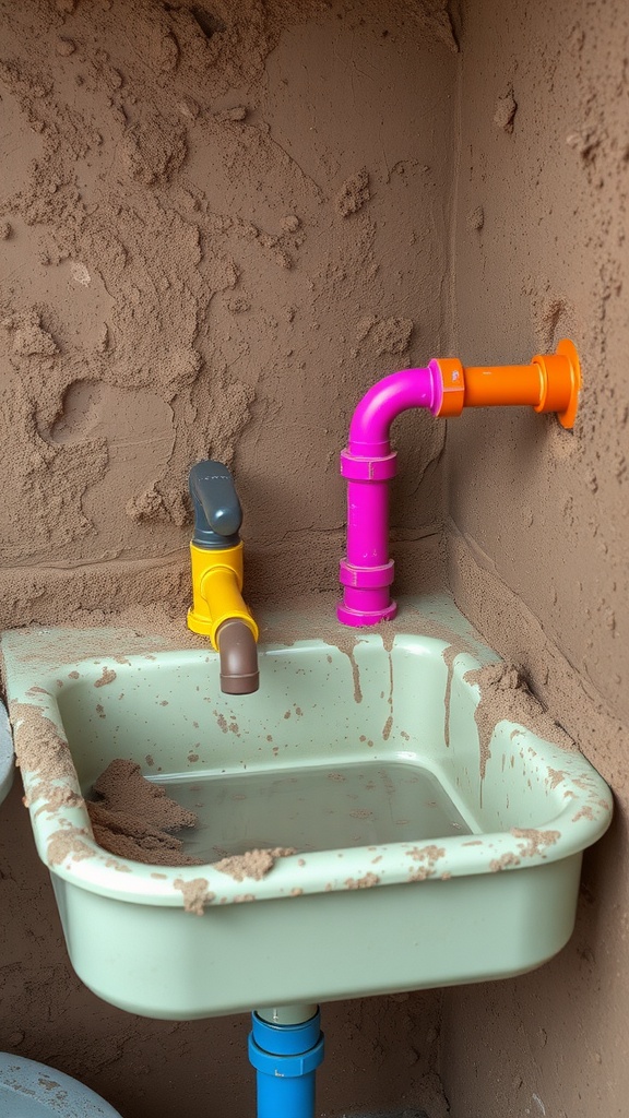 A colorful PVC pipe sink in a mud kitchen with a light green basin and vibrant pipes.