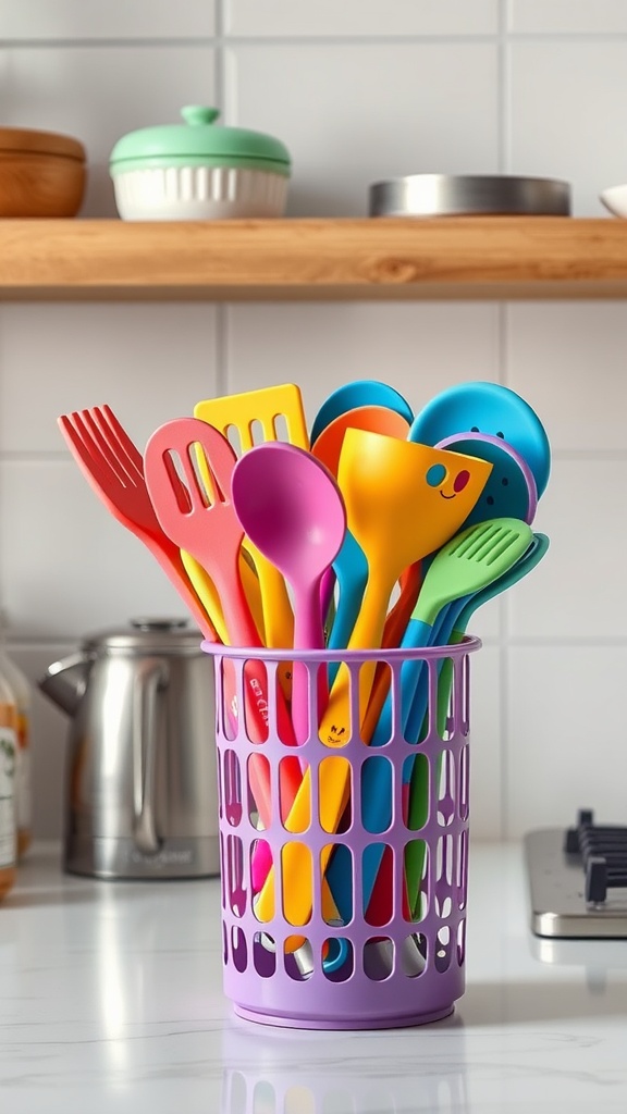 A colorful utensil holder filled with various kitchen utensils on a kitchen counter