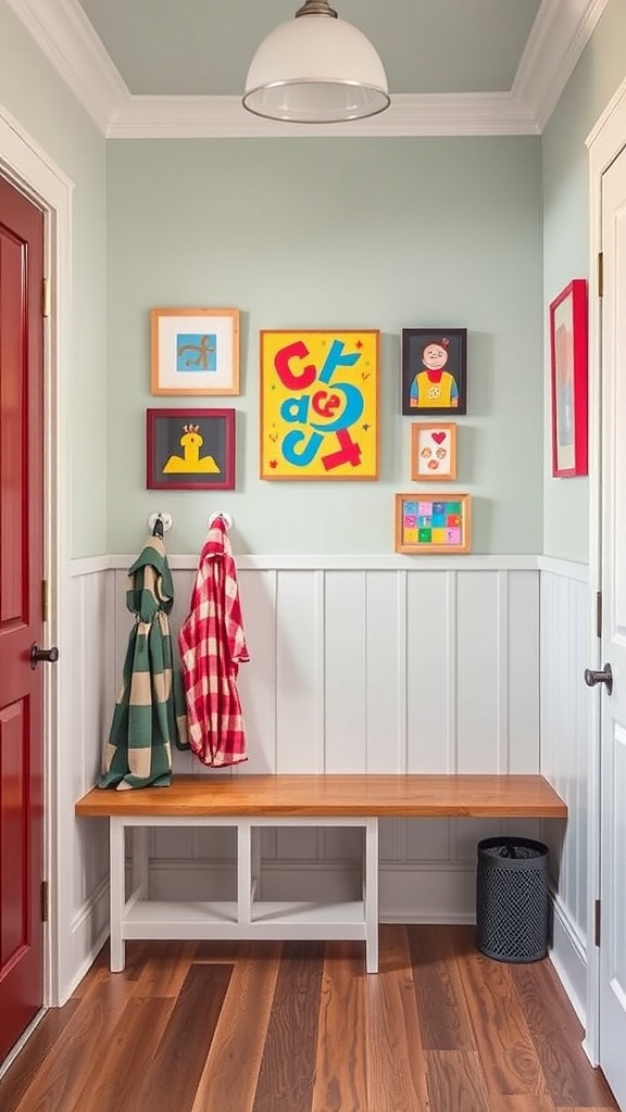 A mudroom featuring colorful wall art with playful designs and bright colors, accompanied by a wooden bench and hooks for coats.