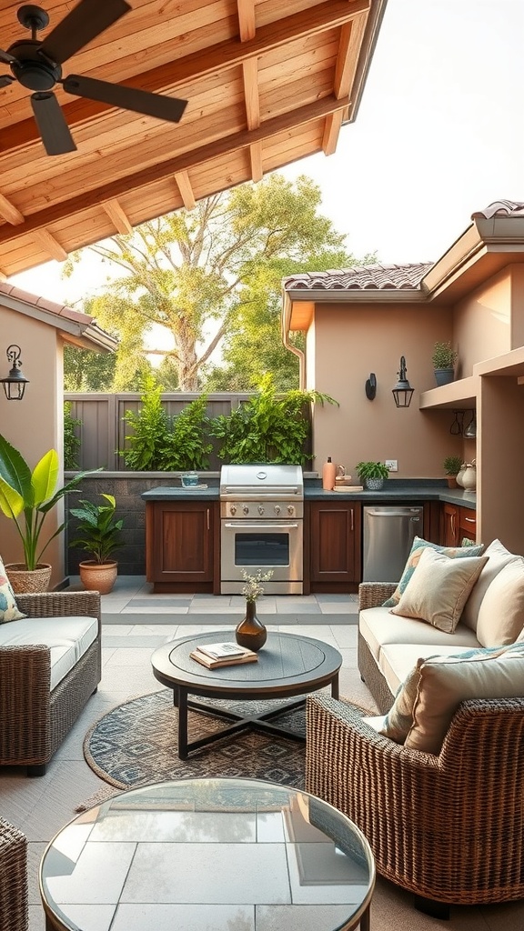 Cozy outdoor kitchen patio with wicker furniture, a table, and a kitchen area surrounded by plants
